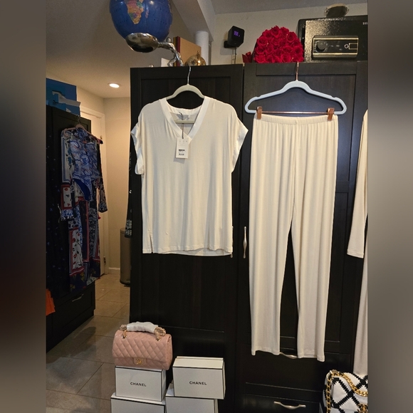 Frette Other - Frette Cascade Luxury Loungewear 2025 NWT Beige/White Set Top/Pants Silk/ Cotton